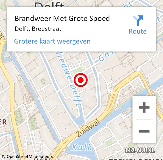 Locatie op kaart van de 112 melding: Brandweer Met Grote Spoed Naar Delft, Breestraat op 27 maart 2024 22:04