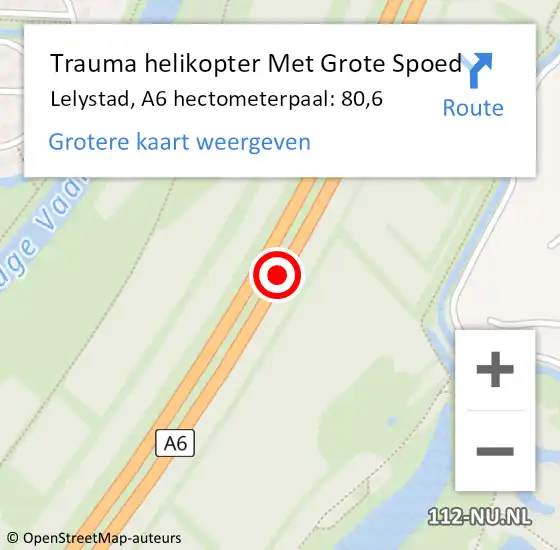 Locatie op kaart van de 112 melding: Trauma helikopter Met Grote Spoed Naar Lelystad, A6 hectometerpaal: 80,6 op 28 maart 2024 00:11