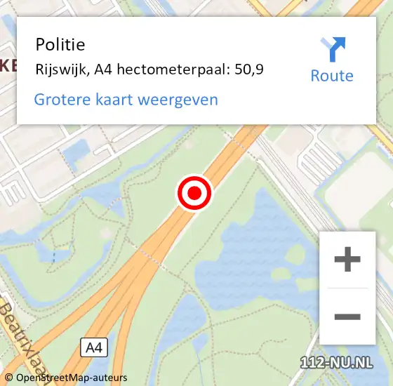 Locatie op kaart van de 112 melding: Politie Rijswijk, A4 hectometerpaal: 50,9 op 28 maart 2024 05:56