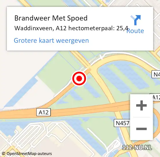 Locatie op kaart van de 112 melding: Brandweer Met Spoed Naar Waddinxveen, A12 hectometerpaal: 25,4 op 28 maart 2024 11:32