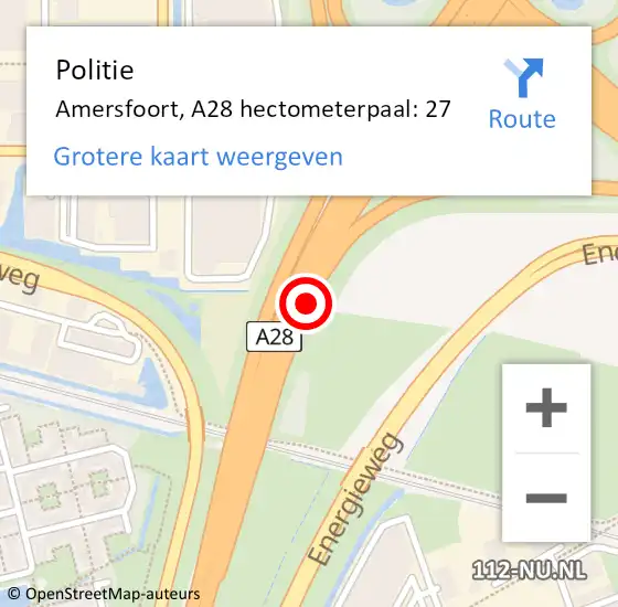 Locatie op kaart van de 112 melding: Politie Amersfoort, A28 hectometerpaal: 27 op 28 maart 2024 12:34