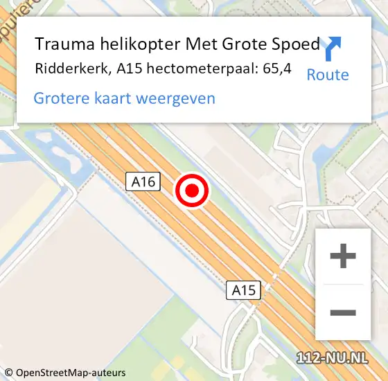 Locatie op kaart van de 112 melding: Trauma helikopter Met Grote Spoed Naar Ridderkerk, A15 hectometerpaal: 65,4 op 28 maart 2024 12:46