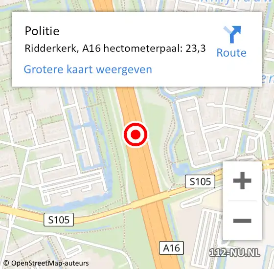 Locatie op kaart van de 112 melding: Politie Ridderkerk, A16 hectometerpaal: 23,3 op 28 maart 2024 14:46