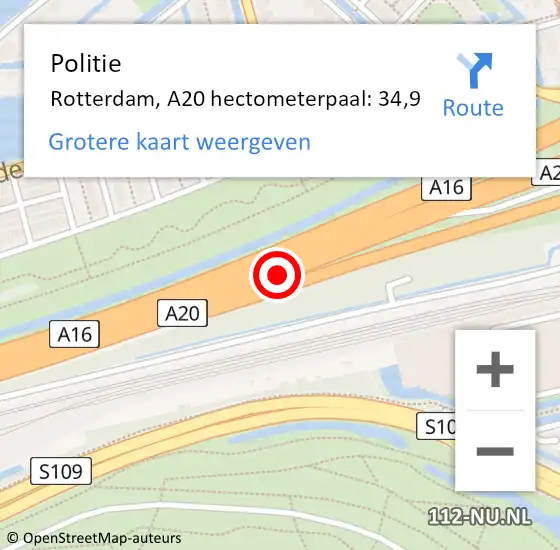 Locatie op kaart van de 112 melding: Politie Rotterdam, A20 hectometerpaal: 34,9 op 28 maart 2024 15:53