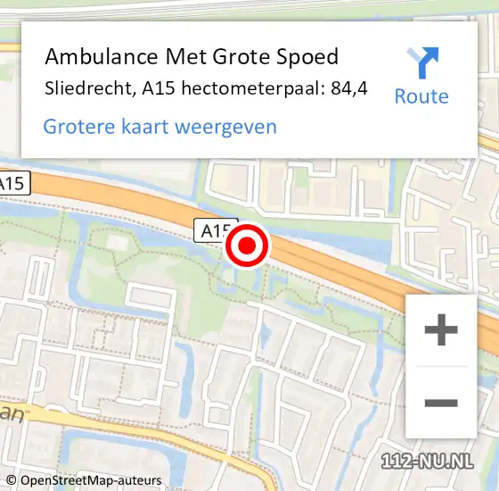 Locatie op kaart van de 112 melding: Ambulance Met Grote Spoed Naar Sliedrecht, A15 hectometerpaal: 84,4 op 28 maart 2024 16:12