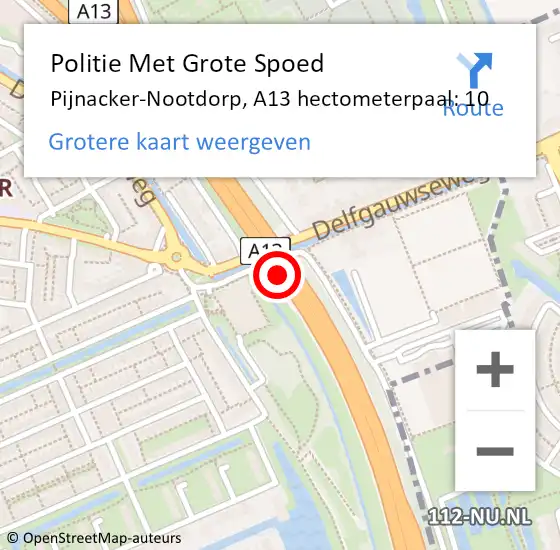 Locatie op kaart van de 112 melding: Politie Met Grote Spoed Naar Pijnacker-Nootdorp, A13 hectometerpaal: 10 op 28 maart 2024 18:39