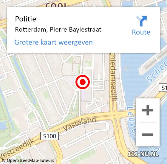 Locatie op kaart van de 112 melding: Politie Rotterdam, Pierre Baylestraat op 28 maart 2024 20:39