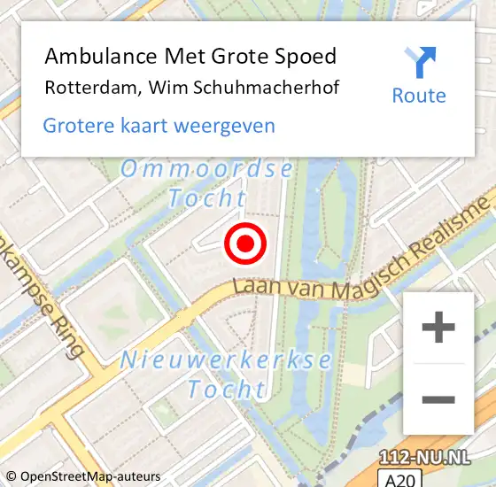 Locatie op kaart van de 112 melding: Ambulance Met Grote Spoed Naar Rotterdam, Wim Schuhmacherhof op 28 maart 2024 20:42