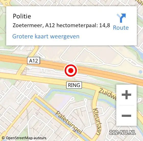 Locatie op kaart van de 112 melding: Politie Zoetermeer, A12 hectometerpaal: 14,8 op 28 maart 2024 21:19