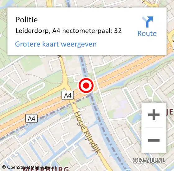 Locatie op kaart van de 112 melding: Politie Leiderdorp, A4 hectometerpaal: 32 op 28 maart 2024 22:25