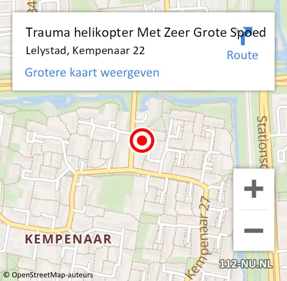 Locatie op kaart van de 112 melding: Trauma helikopter Met Zeer Grote Spoed Naar Lelystad, Kempenaar 22 op 29 maart 2024 11:18