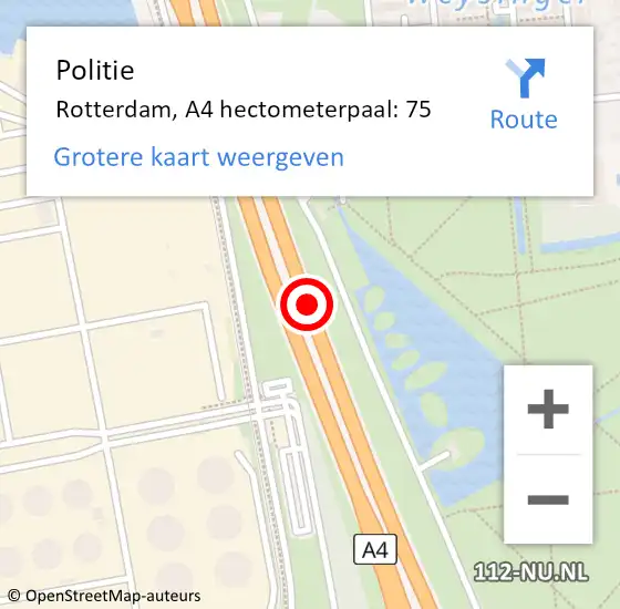 Locatie op kaart van de 112 melding: Politie Rotterdam, A4 hectometerpaal: 75 op 29 maart 2024 11:36