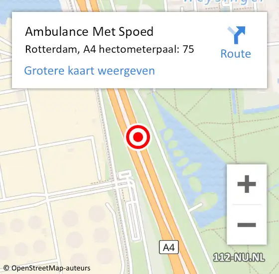 Locatie op kaart van de 112 melding: Ambulance Met Spoed Naar Rotterdam, A4 hectometerpaal: 75 op 29 maart 2024 11:37