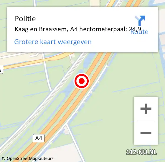 Locatie op kaart van de 112 melding: Politie Kaag en Braassem, A4 hectometerpaal: 24,9 op 29 maart 2024 14:04