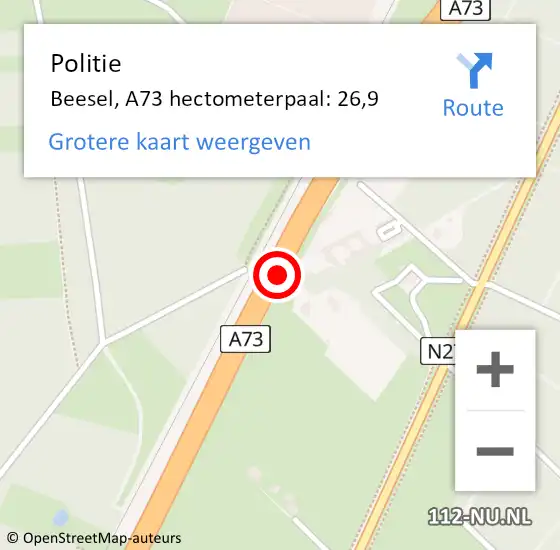 Locatie op kaart van de 112 melding: Politie Beesel, A73 hectometerpaal: 26,9 op 29 maart 2024 15:19