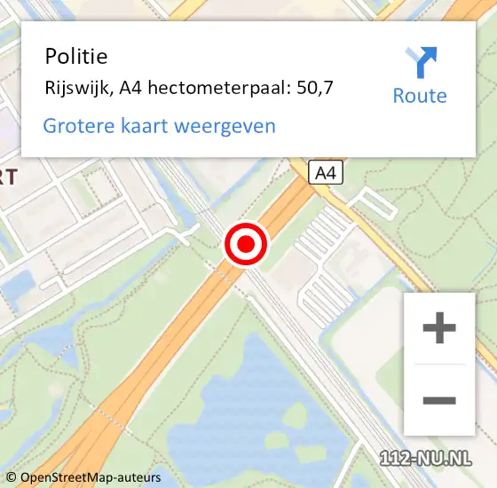 Locatie op kaart van de 112 melding: Politie Rijswijk, A4 hectometerpaal: 50,7 op 29 maart 2024 15:47