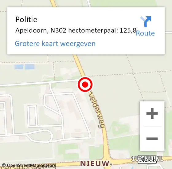 Locatie op kaart van de 112 melding: Politie Apeldoorn, N302 hectometerpaal: 125,8 op 29 maart 2024 16:02