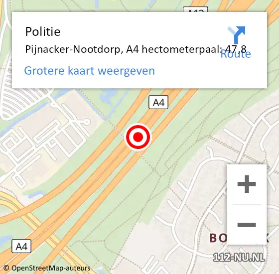 Locatie op kaart van de 112 melding: Politie Pijnacker-Nootdorp, A4 hectometerpaal: 47,8 op 29 maart 2024 16:41