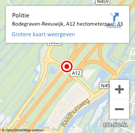 Locatie op kaart van de 112 melding: Politie Bodegraven-Reeuwijk, A12 hectometerpaal: 33 op 29 maart 2024 20:56
