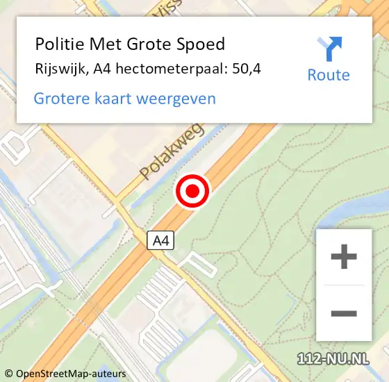 Locatie op kaart van de 112 melding: Politie Met Grote Spoed Naar Rijswijk, A4 hectometerpaal: 50,4 op 29 maart 2024 21:43