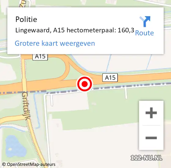 Locatie op kaart van de 112 melding: Politie Lingewaard, A15 hectometerpaal: 160,3 op 30 maart 2024 02:59