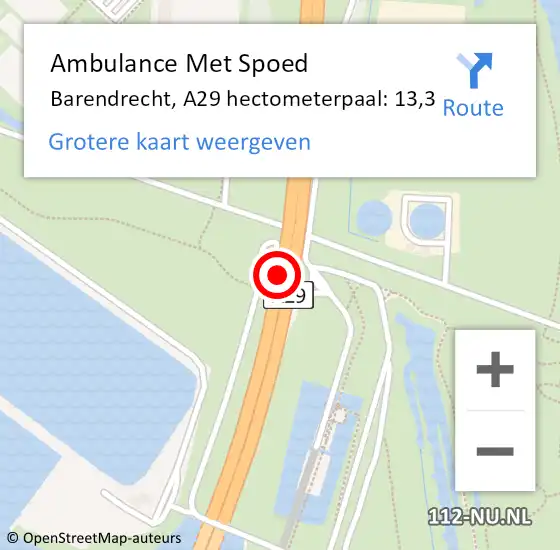 Locatie op kaart van de 112 melding: Ambulance Met Spoed Naar Barendrecht, A29 hectometerpaal: 13,3 op 30 maart 2024 06:27