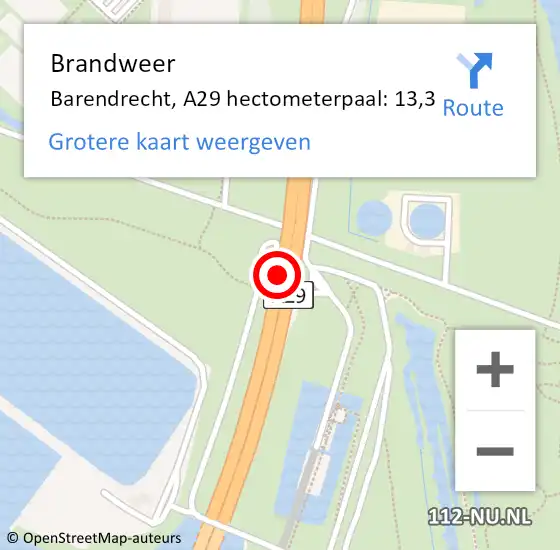 Locatie op kaart van de 112 melding: Brandweer Barendrecht, A29 hectometerpaal: 13,3 op 30 maart 2024 06:27
