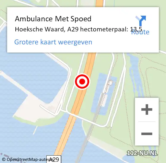 Locatie op kaart van de 112 melding: Ambulance Met Spoed Naar Hoeksche Waard, A29 hectometerpaal: 13,5 op 30 maart 2024 06:31