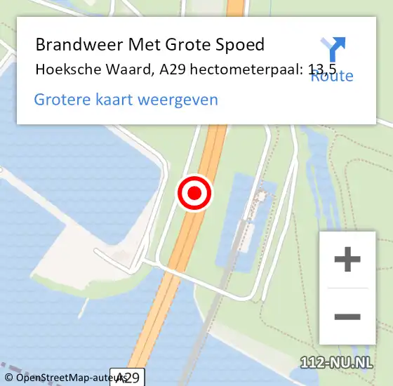 Locatie op kaart van de 112 melding: Brandweer Met Grote Spoed Naar Hoeksche Waard, A29 hectometerpaal: 13,5 op 30 maart 2024 06:32