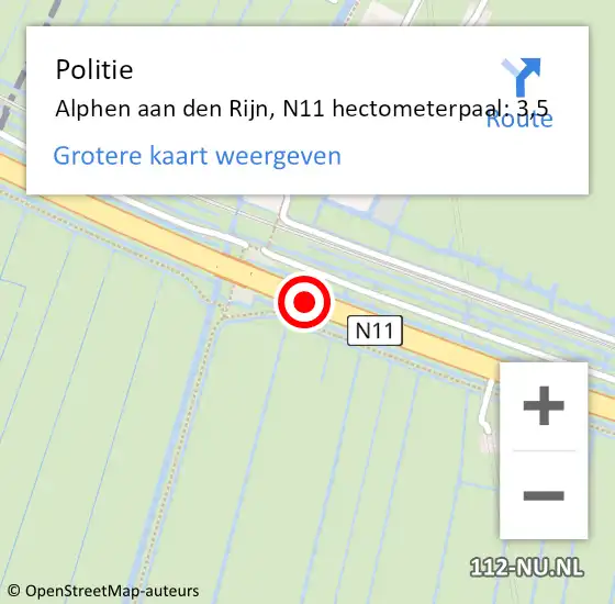 Locatie op kaart van de 112 melding: Politie Alphen aan den Rijn, N11 hectometerpaal: 3,5 op 30 maart 2024 08:53