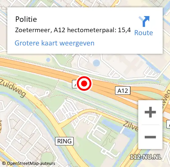 Locatie op kaart van de 112 melding: Politie Zoetermeer, A12 hectometerpaal: 15,4 op 30 maart 2024 09:55