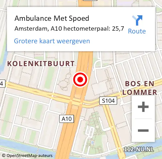 Locatie op kaart van de 112 melding: Ambulance Met Spoed Naar Amsterdam, A10 hectometerpaal: 25,7 op 30 maart 2024 10:13