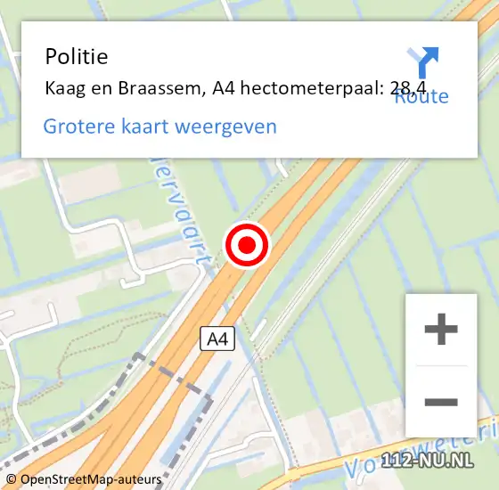 Locatie op kaart van de 112 melding: Politie Kaag en Braassem, A4 hectometerpaal: 28,4 op 30 maart 2024 11:19