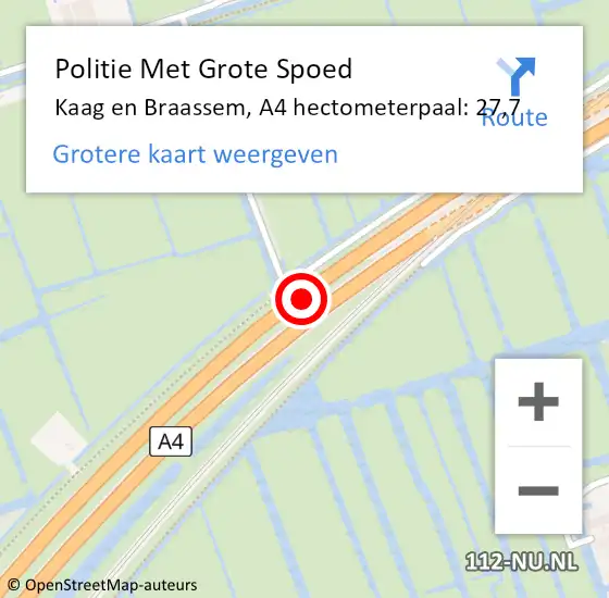 Locatie op kaart van de 112 melding: Politie Met Grote Spoed Naar Kaag en Braassem, A4 hectometerpaal: 27,7 op 30 maart 2024 15:20