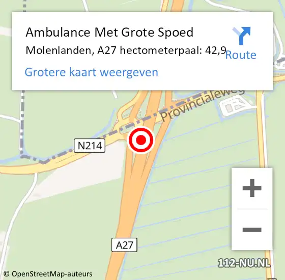 Locatie op kaart van de 112 melding: Ambulance Met Grote Spoed Naar Molenlanden, A27 hectometerpaal: 42,9 op 30 maart 2024 15:58