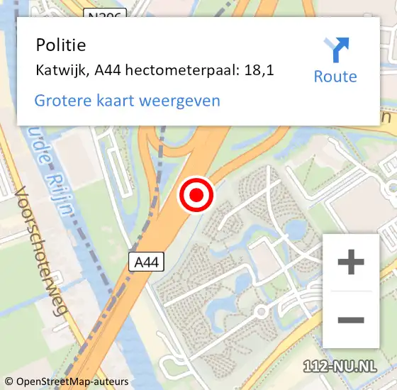 Locatie op kaart van de 112 melding: Politie Katwijk, A44 hectometerpaal: 18,1 op 30 maart 2024 16:32