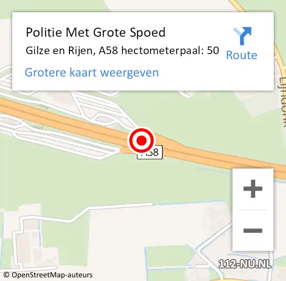 Locatie op kaart van de 112 melding: Politie Met Grote Spoed Naar Gilze en Rijen, A58 hectometerpaal: 50 op 31 maart 2024 01:09