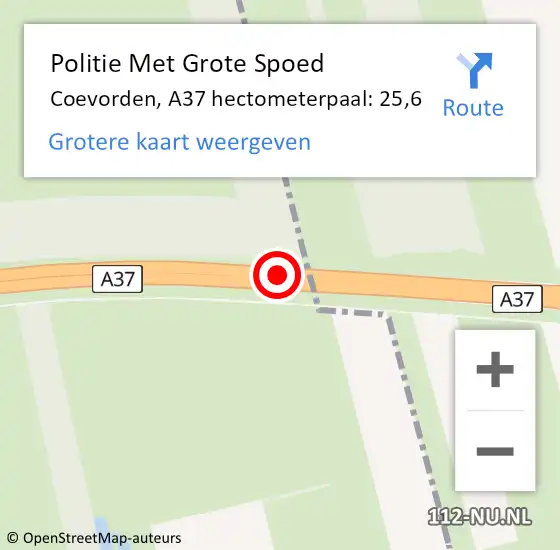 Locatie op kaart van de 112 melding: Politie Met Grote Spoed Naar Coevorden, A37 hectometerpaal: 25,6 op 31 maart 2024 09:01