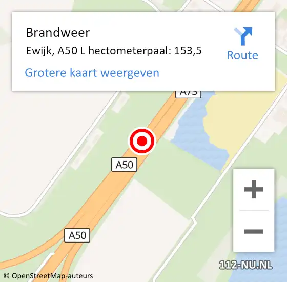 Locatie op kaart van de 112 melding: Brandweer Ewijk, A50 L hectometerpaal: 153,5 op 30 september 2014 20:24