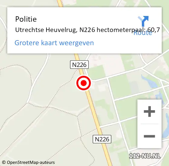 Locatie op kaart van de 112 melding: Politie Utrechtse Heuvelrug, N226 hectometerpaal: 60,7 op 31 maart 2024 14:55