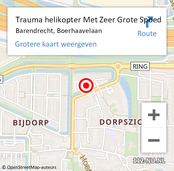 Locatie op kaart van de 112 melding: Trauma helikopter Met Zeer Grote Spoed Naar Barendrecht, Boerhaavelaan op 31 maart 2024 19:48