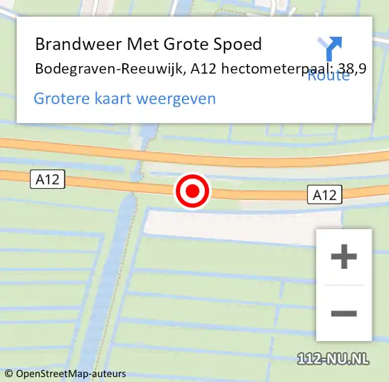 Locatie op kaart van de 112 melding: Brandweer Met Grote Spoed Naar Bodegraven-Reeuwijk, A12 hectometerpaal: 38,9 op 1 april 2024 12:49