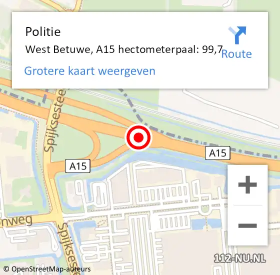 Locatie op kaart van de 112 melding: Politie West Betuwe, A15 hectometerpaal: 99,7 op 1 april 2024 16:05