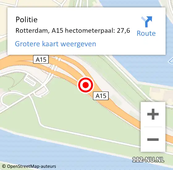 Locatie op kaart van de 112 melding: Politie Rotterdam, A15 hectometerpaal: 27,6 op 1 april 2024 18:16