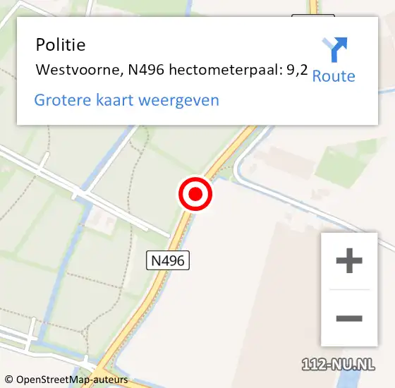 Locatie op kaart van de 112 melding: Politie Westvoorne, N496 hectometerpaal: 9,2 op 1 april 2024 21:28