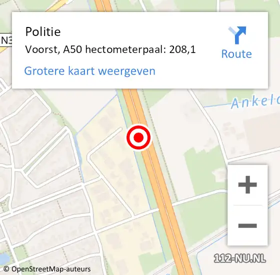 Locatie op kaart van de 112 melding: Politie Voorst, A50 hectometerpaal: 208,1 op 2 april 2024 06:08