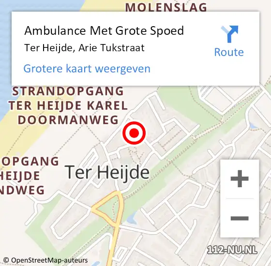 Locatie op kaart van de 112 melding: Ambulance Met Grote Spoed Naar Ter Heijde, Arie Tukstraat op 2 april 2024 09:14