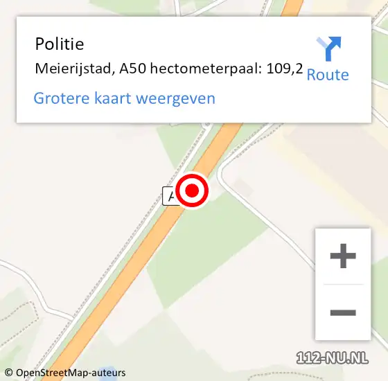 Locatie op kaart van de 112 melding: Politie Meierijstad, A50 hectometerpaal: 109,2 op 2 april 2024 13:55