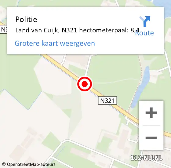 Locatie op kaart van de 112 melding: Politie Land van Cuijk, N321 hectometerpaal: 8,4 op 2 april 2024 14:28