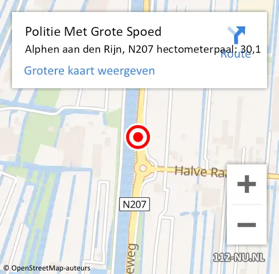 Locatie op kaart van de 112 melding: Politie Met Grote Spoed Naar Alphen aan den Rijn, N207 hectometerpaal: 30,1 op 2 april 2024 15:38